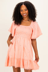 Pink Floral Embroidered Smocked Maternity Dress