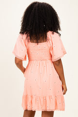 Pink Floral Embroidered Smocked Dress