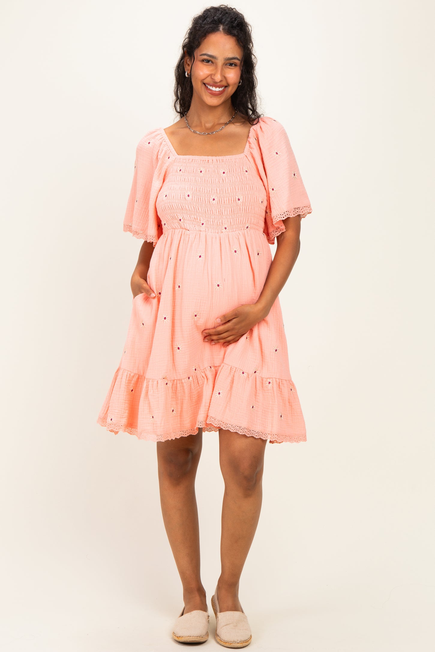 Pink Floral Embroidered Smocked Maternity Dress