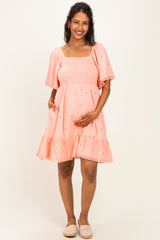 Pink Floral Embroidered Smocked Maternity Dress