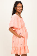 Pink Floral Embroidered Smocked Maternity Dress