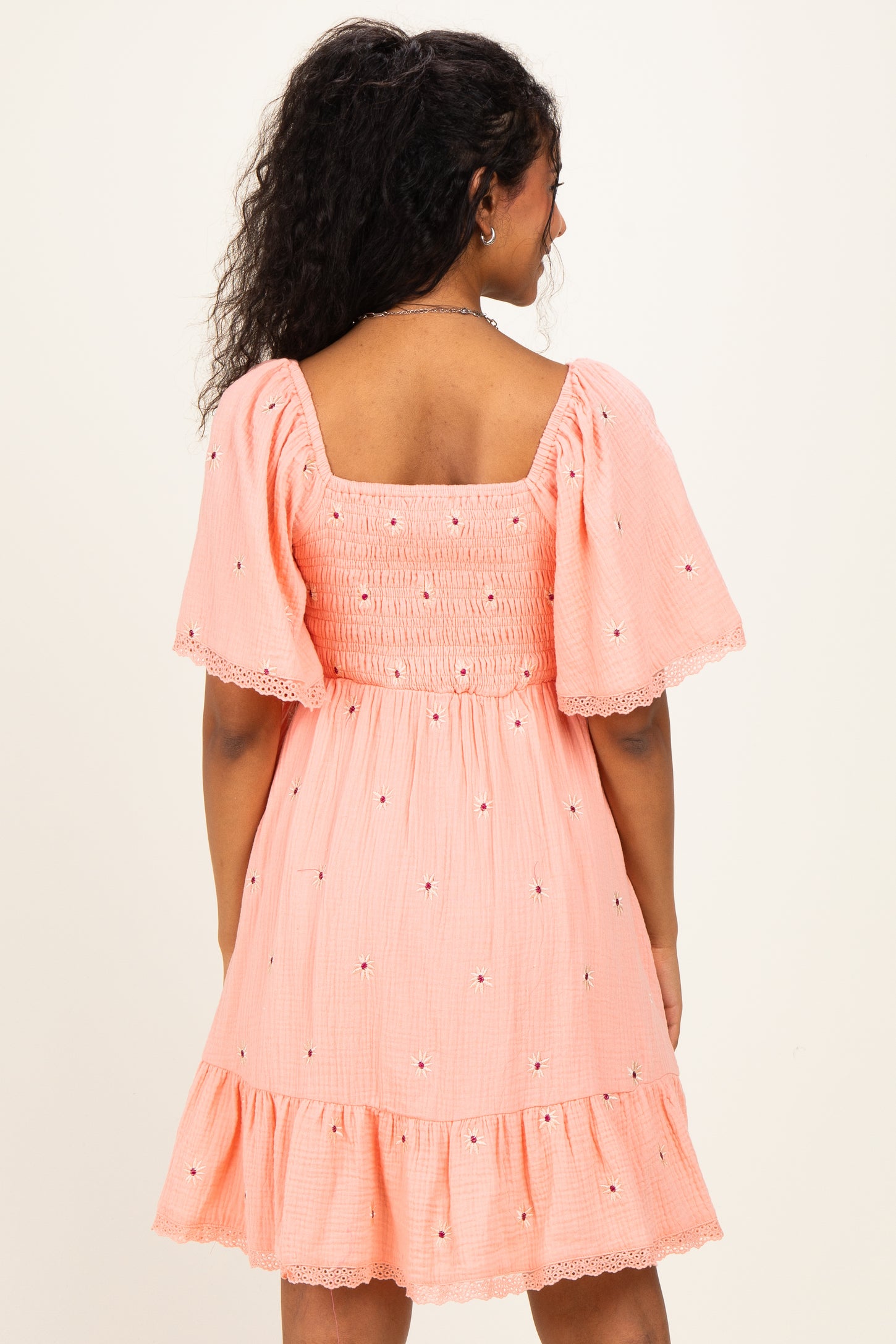 Pink Floral Embroidered Smocked Maternity Dress