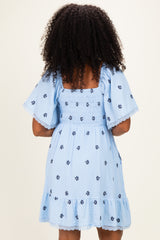 Blue Floral Embroidered Smocked Dress