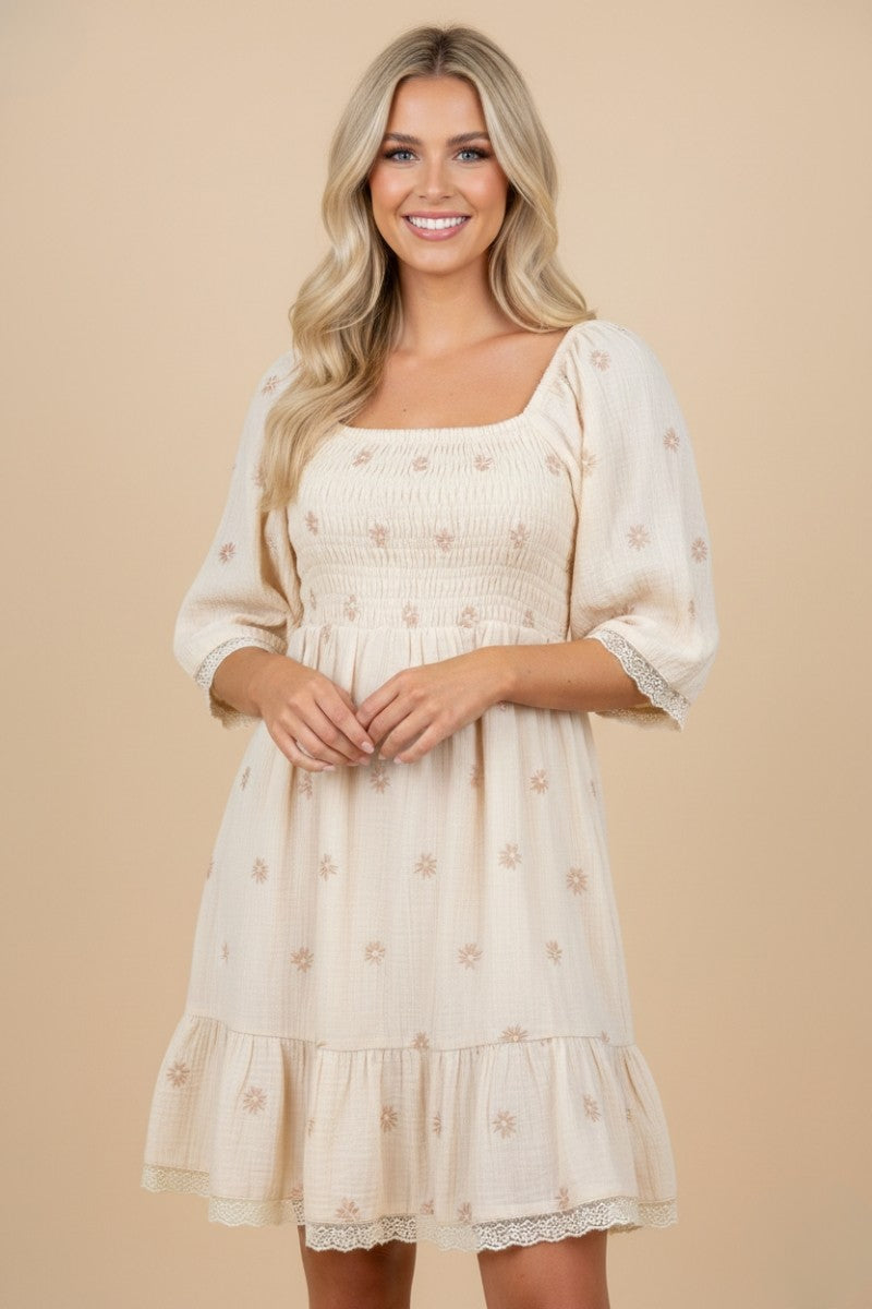 Beige Floral Embroidered Smocked Dress
