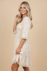 Beige Floral Embroidered Smocked Dress