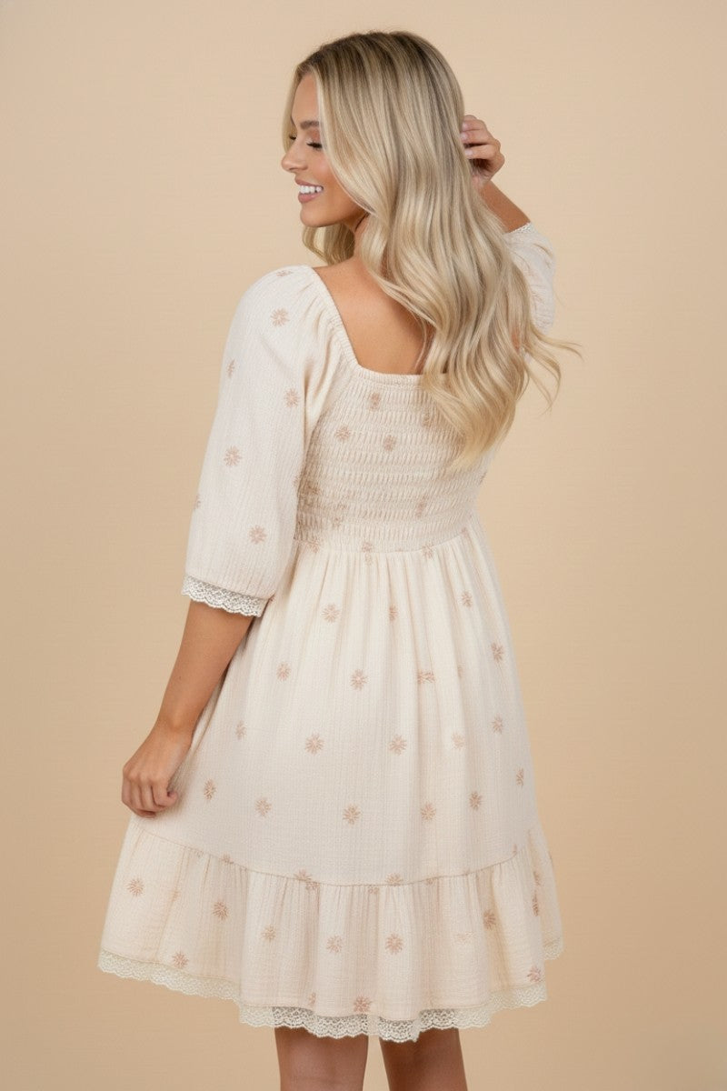Beige Floral Embroidered Smocked Dress
