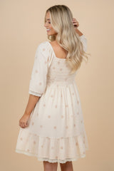 Beige Floral Embroidered Smocked Dress