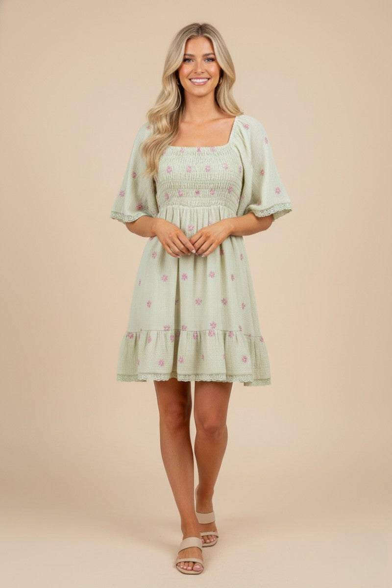 Mint Floral Embroidered Smocked Dress