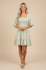 Mint Floral Embroidered Smocked Dress