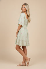 Mint Floral Embroidered Smocked Dress