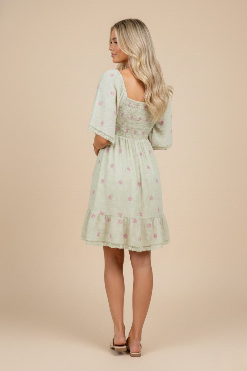 Mint Floral Embroidered Smocked Dress