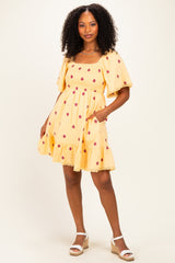 Yellow Floral Embroidered Smocked Maternity Dress