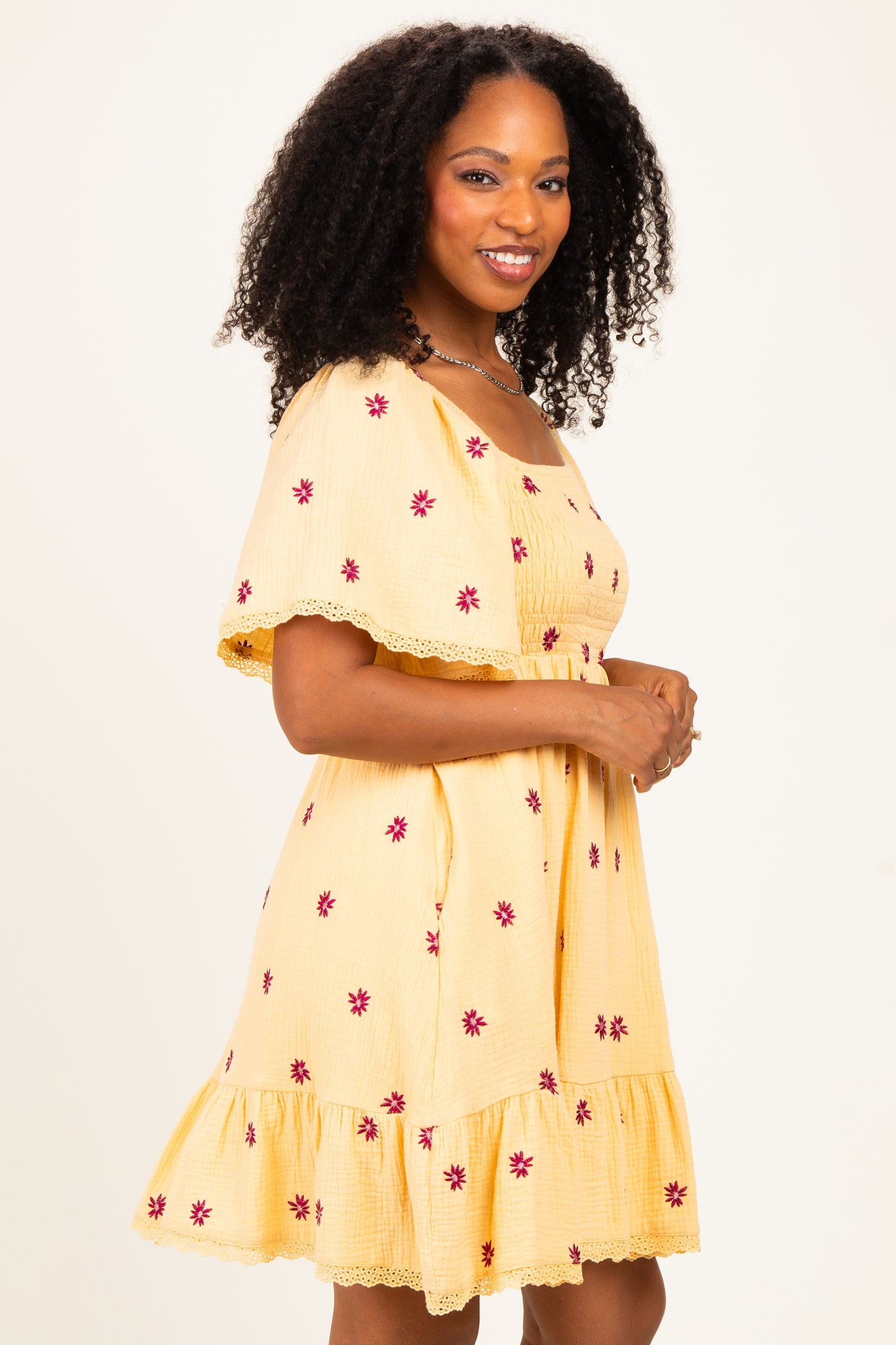 Yellow Floral Embroidered Smocked Dress