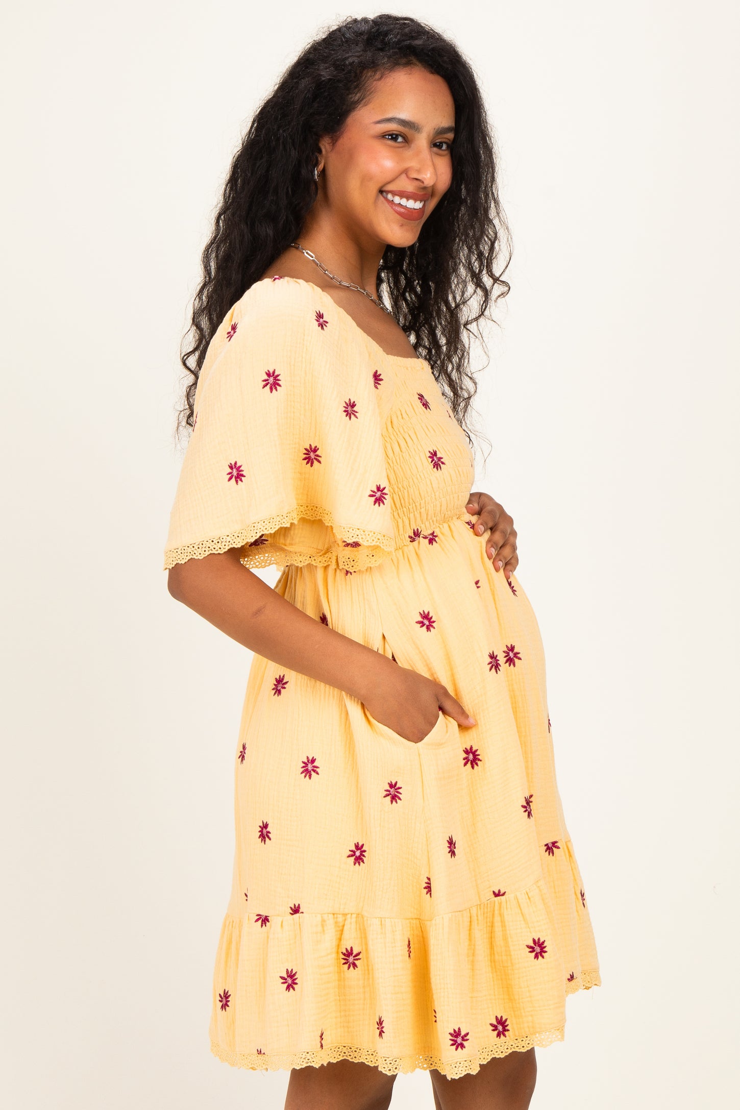 Yellow Floral Embroidered Smocked Maternity Dress