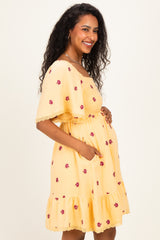 Yellow Floral Embroidered Smocked Maternity Dress