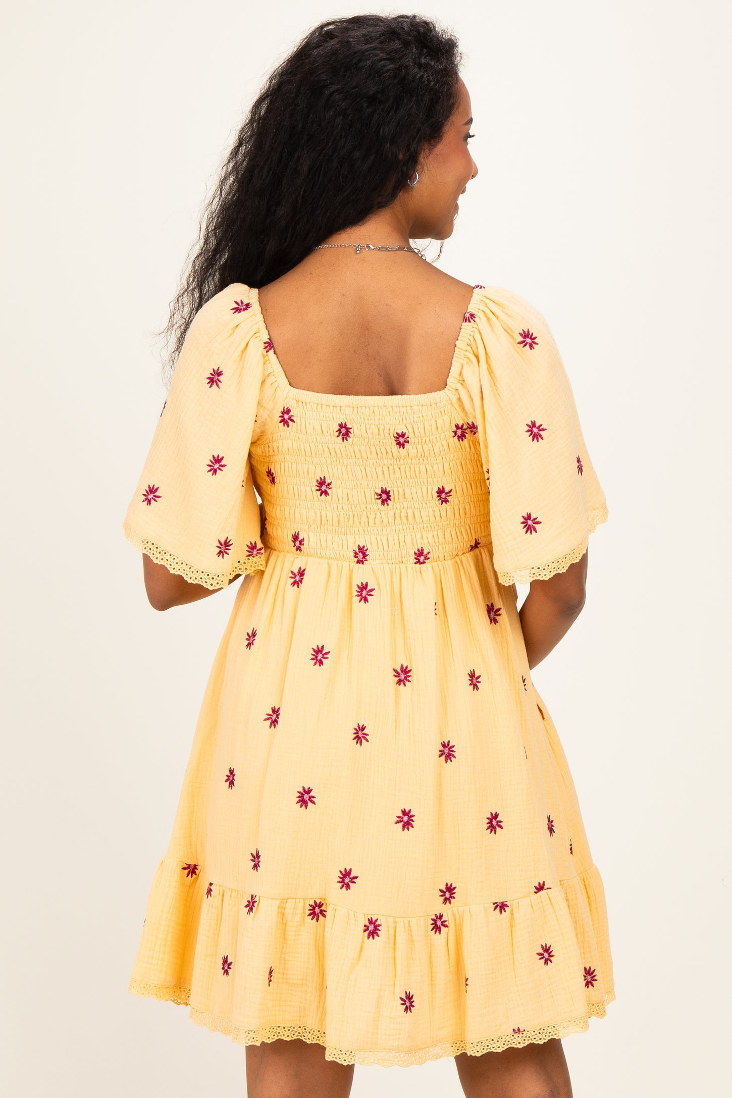 Yellow Floral Embroidered Smocked Maternity Dress