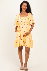 Yellow Floral Embroidered Smocked Maternity Dress