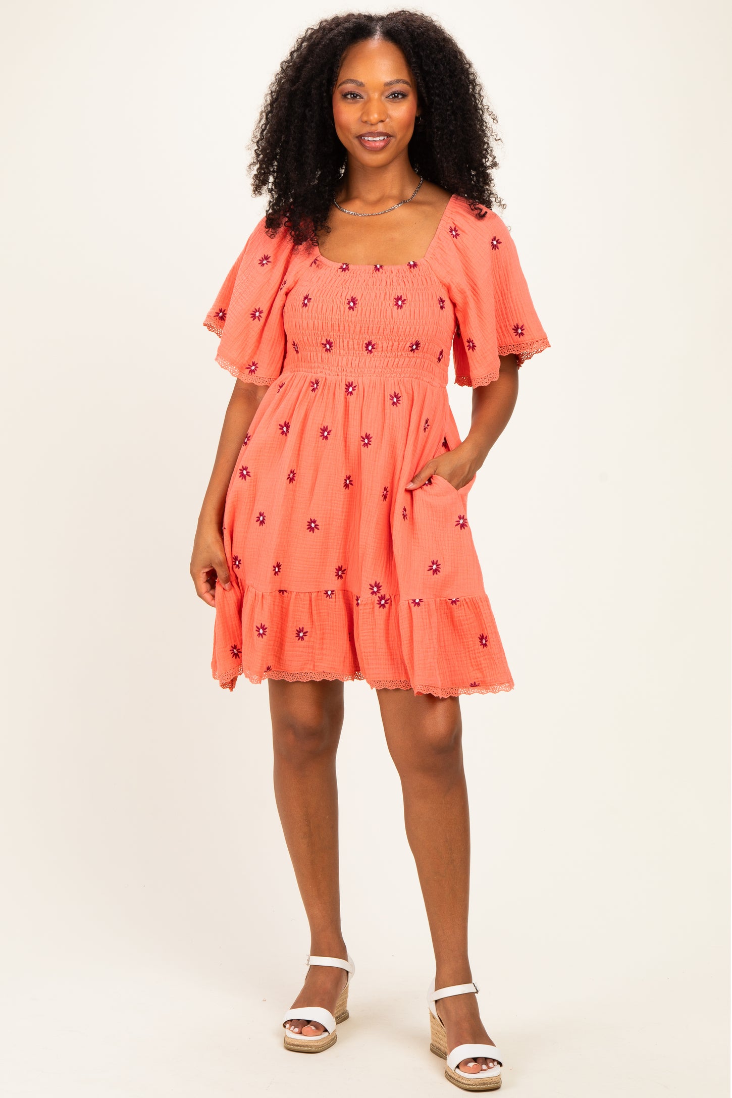 Light Orange Floral Embroidered Smocked Dress