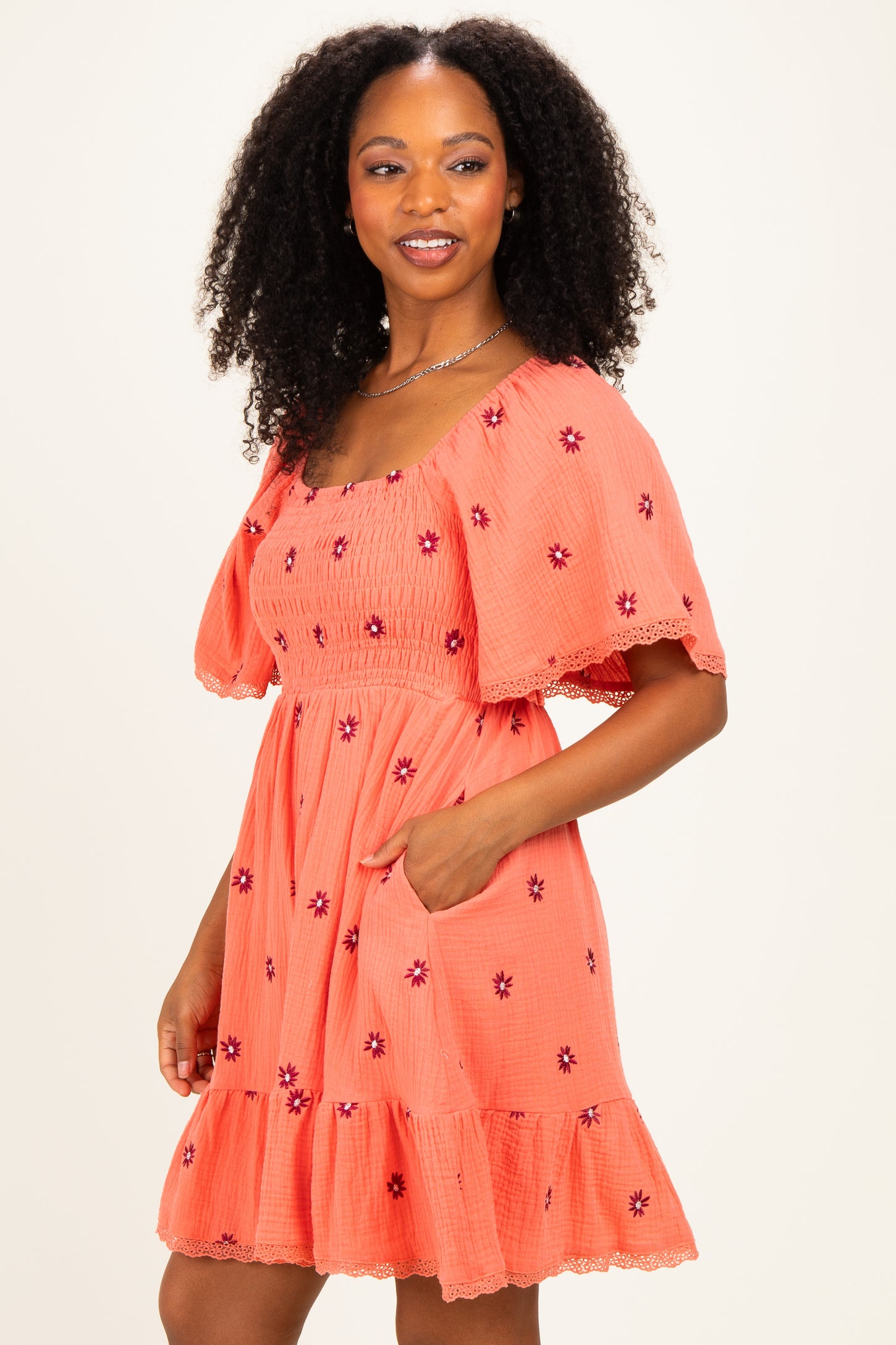 Light Orange Floral Embroidered Smocked Dress