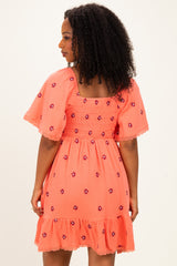 Light Orange Floral Embroidered Smocked Dress