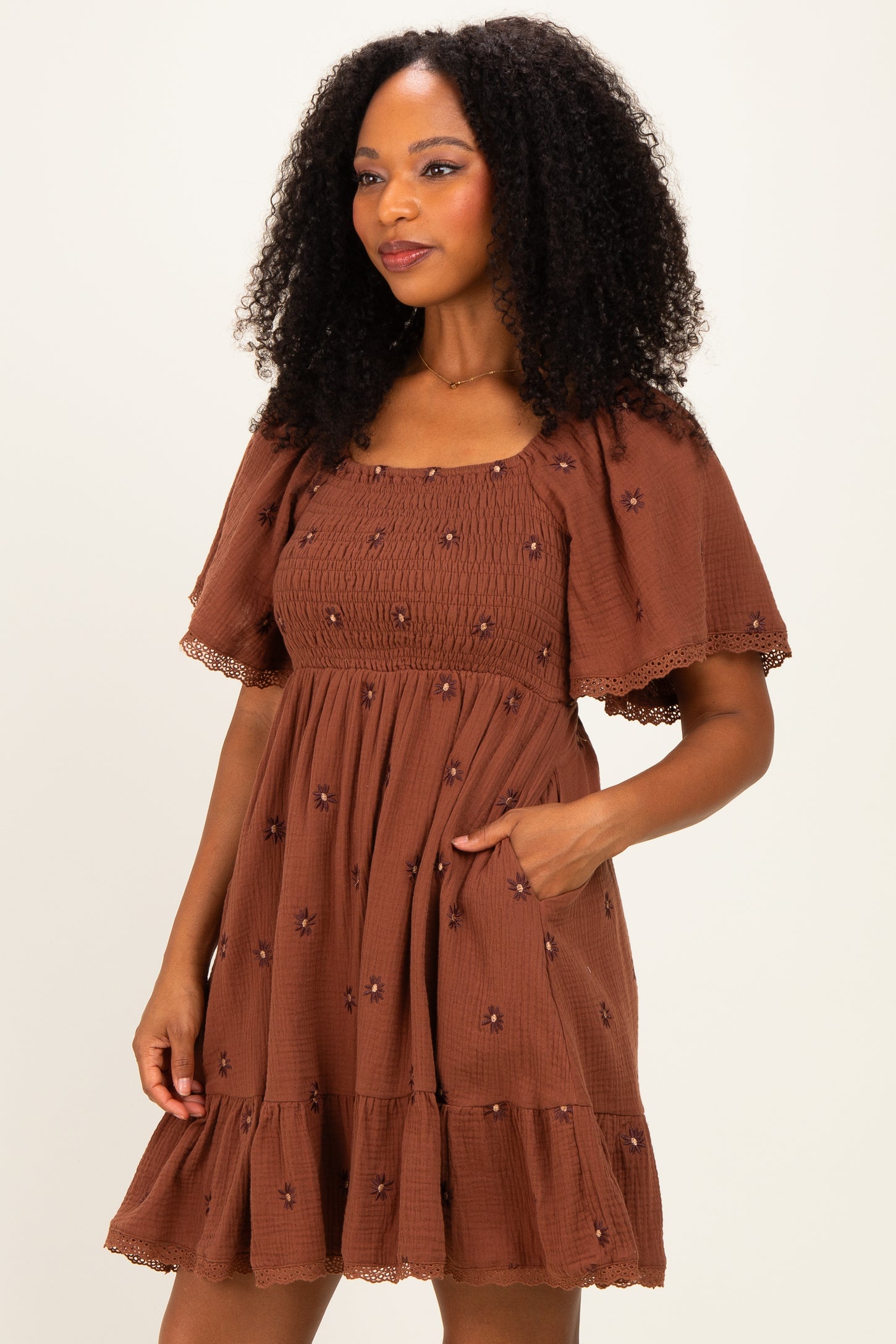 Chocolate Floral Embroidered Smocked Dress