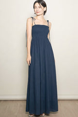 Navy Smocked Shoulder Tie Maxi Dress