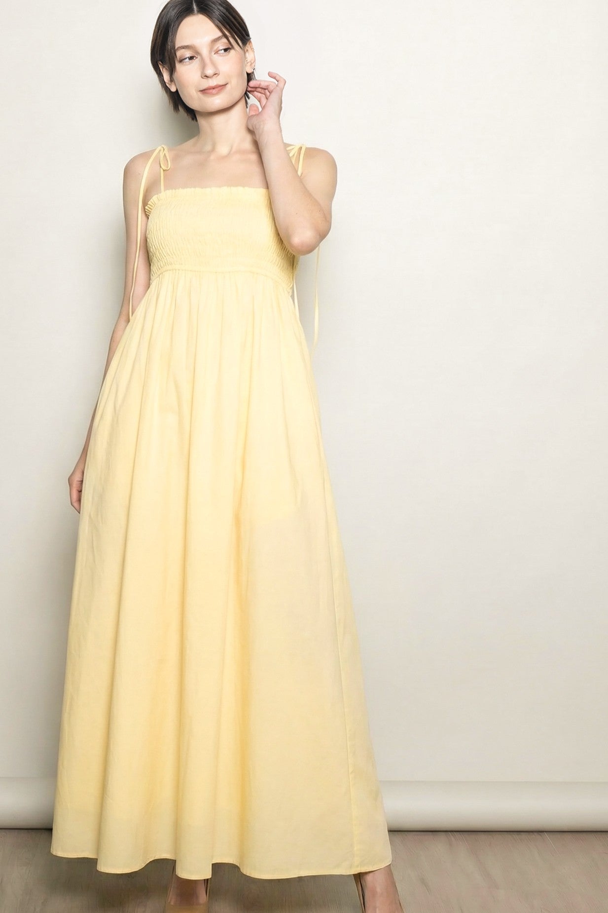 Yellow Smocked Shoulder Tie Maxi Dress