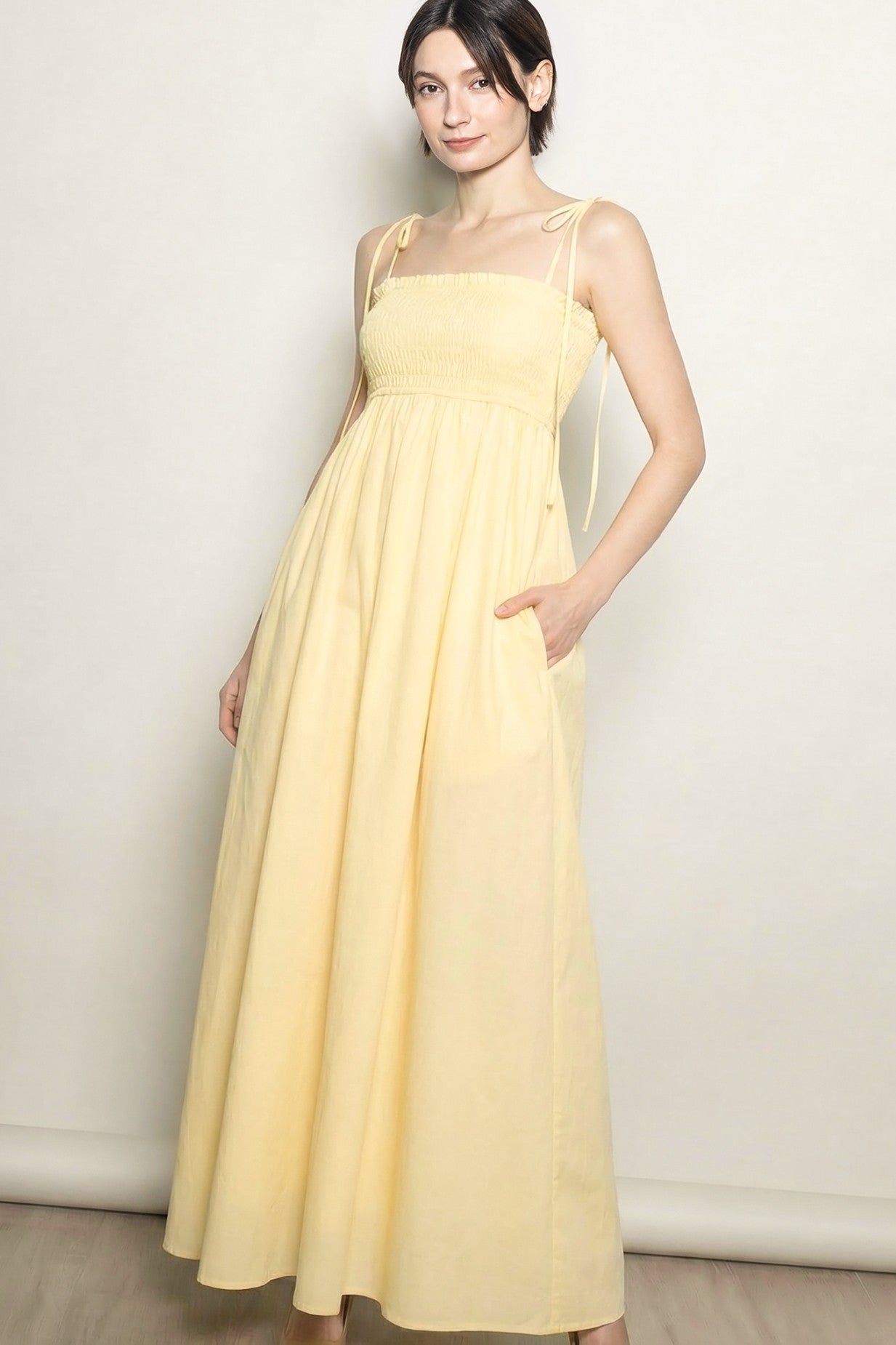 Yellow Smocked Shoulder Tie Maxi Dress