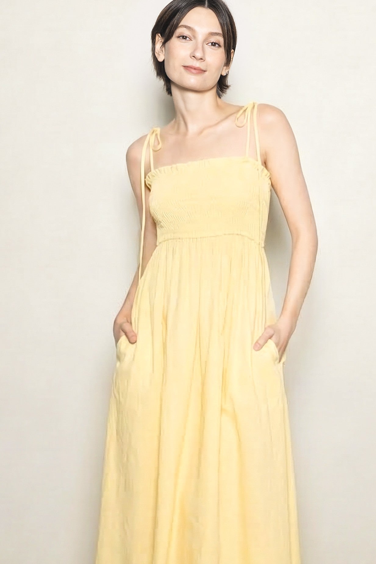 Yellow Smocked Shoulder Tie Maxi Dress