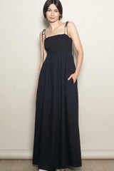 Black Smocked Shoulder Tie Maxi Dress