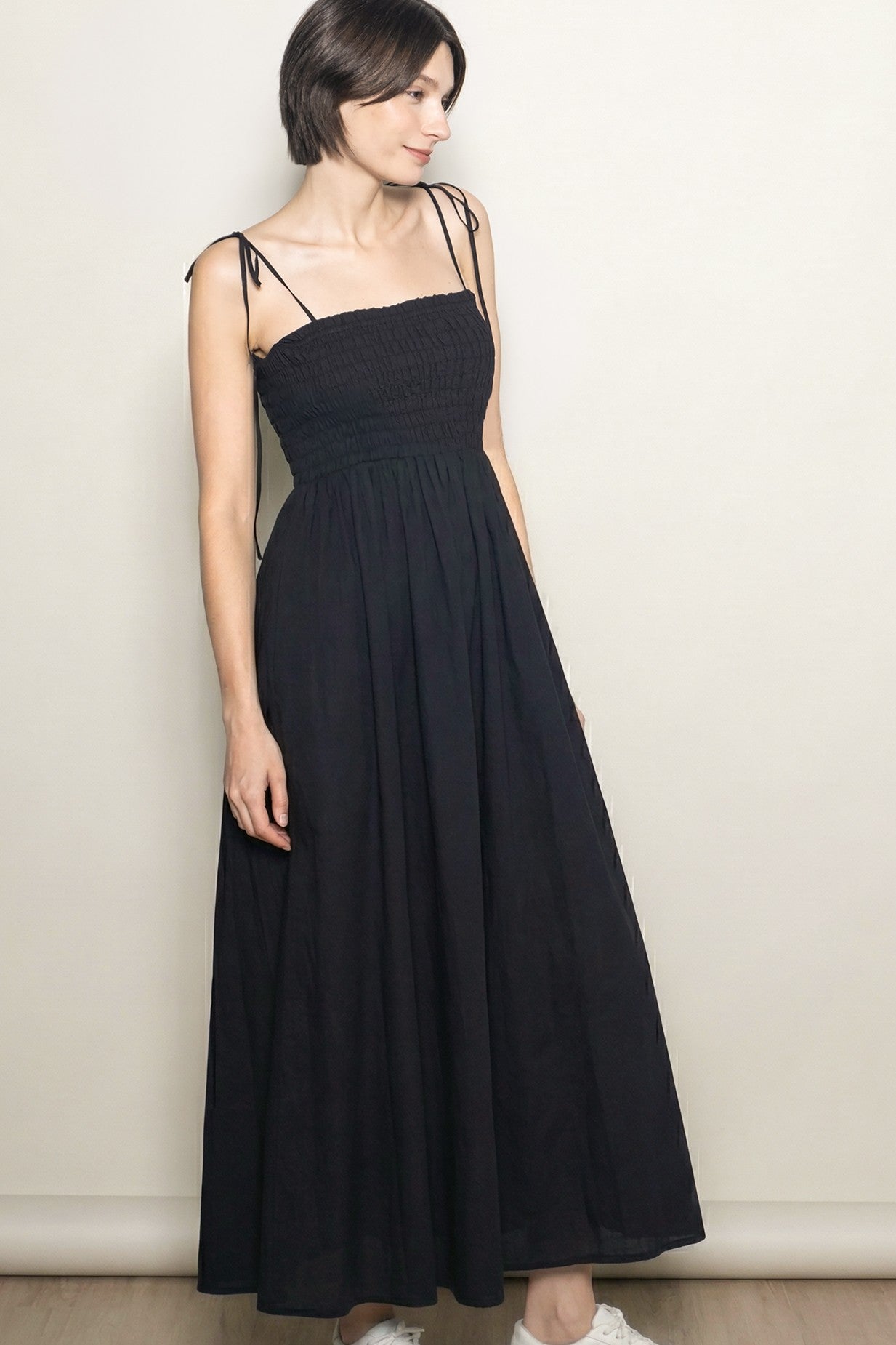 Black Smocked Shoulder Tie Maxi Dress