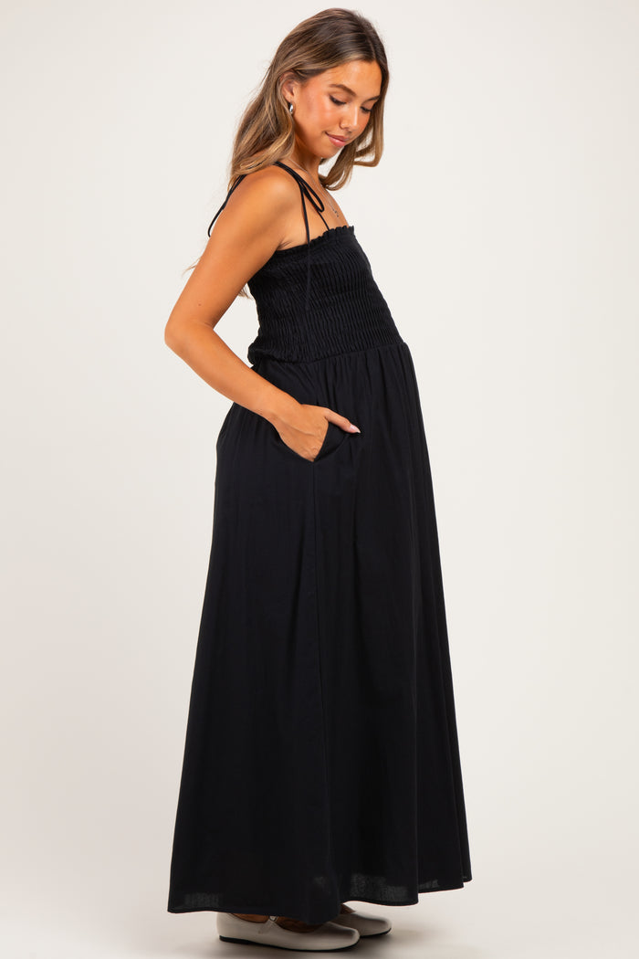 Black Smocked Shoulder Tie Maternity Maxi Dress