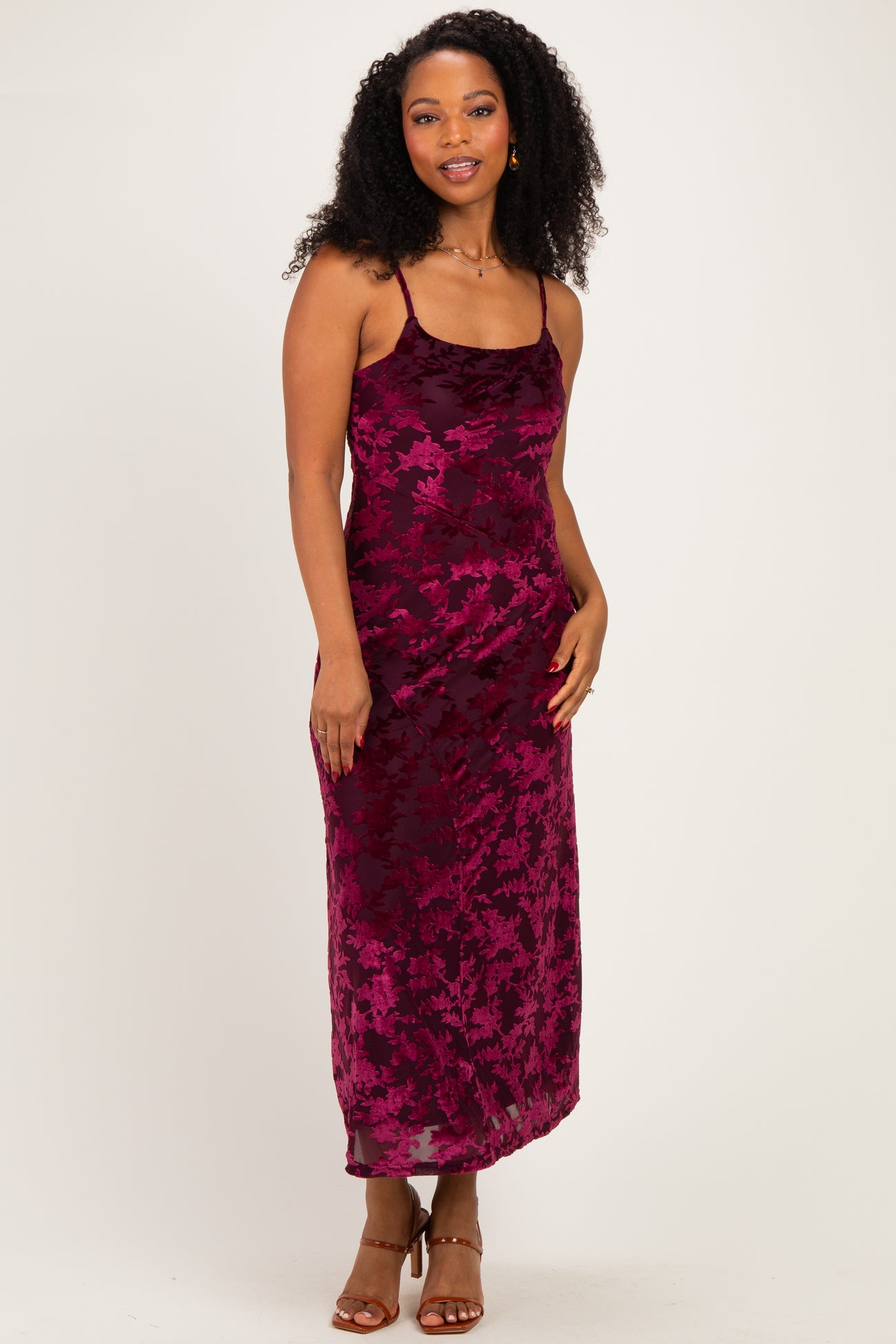 Burgundy Floral Burnout Velvet Midi Dress