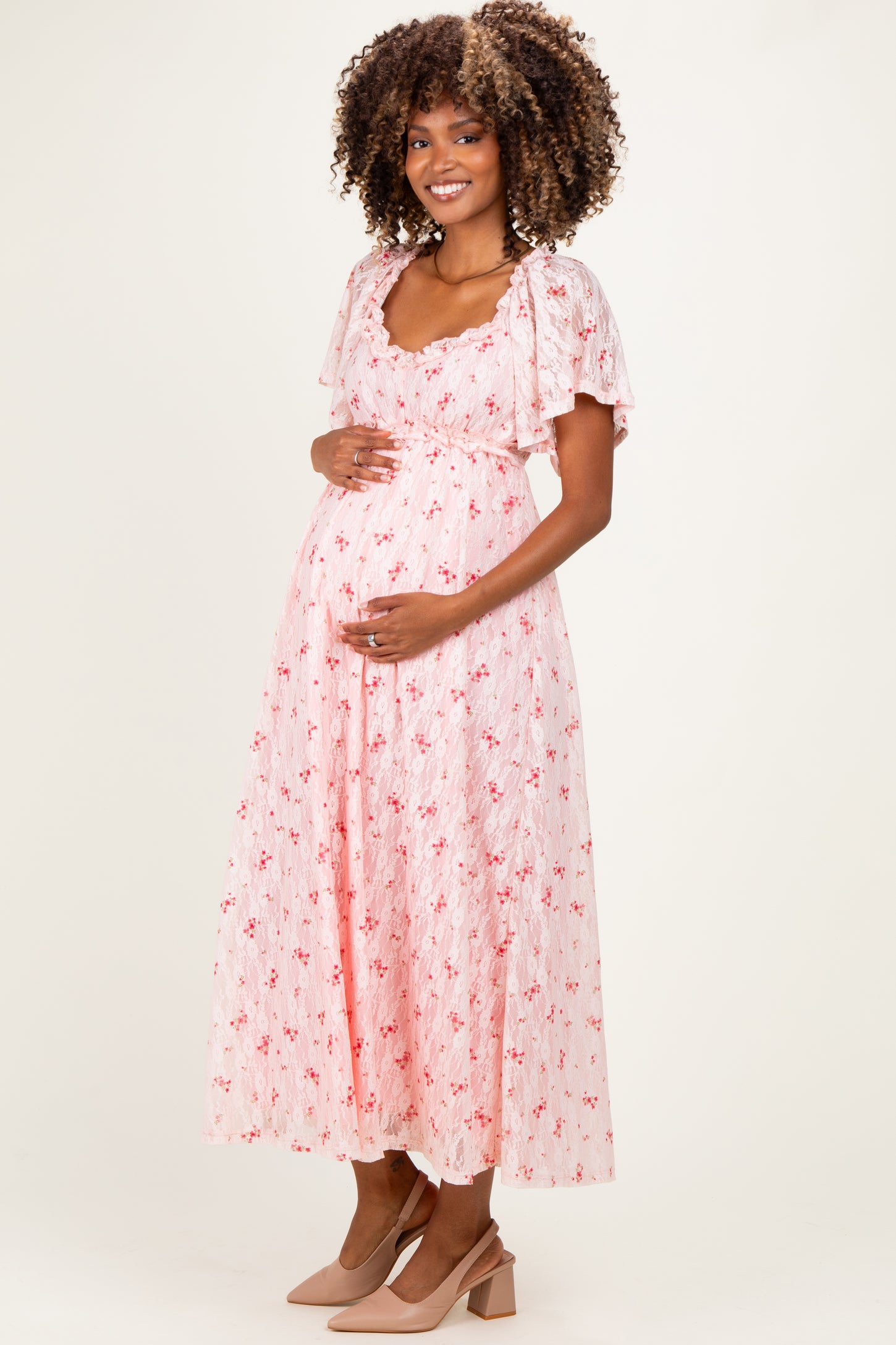 Peach Floral Lace Maternity Maxi Dress