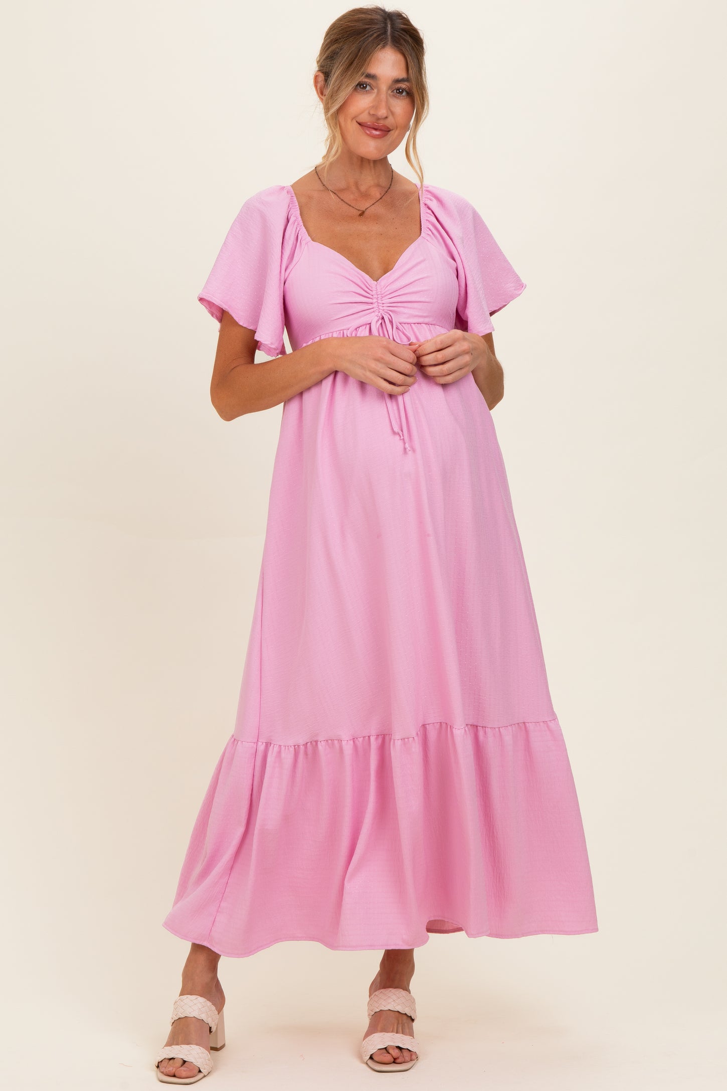 Pink Flutter Sleeve Ruffle Hem Maternity Maxi Dress