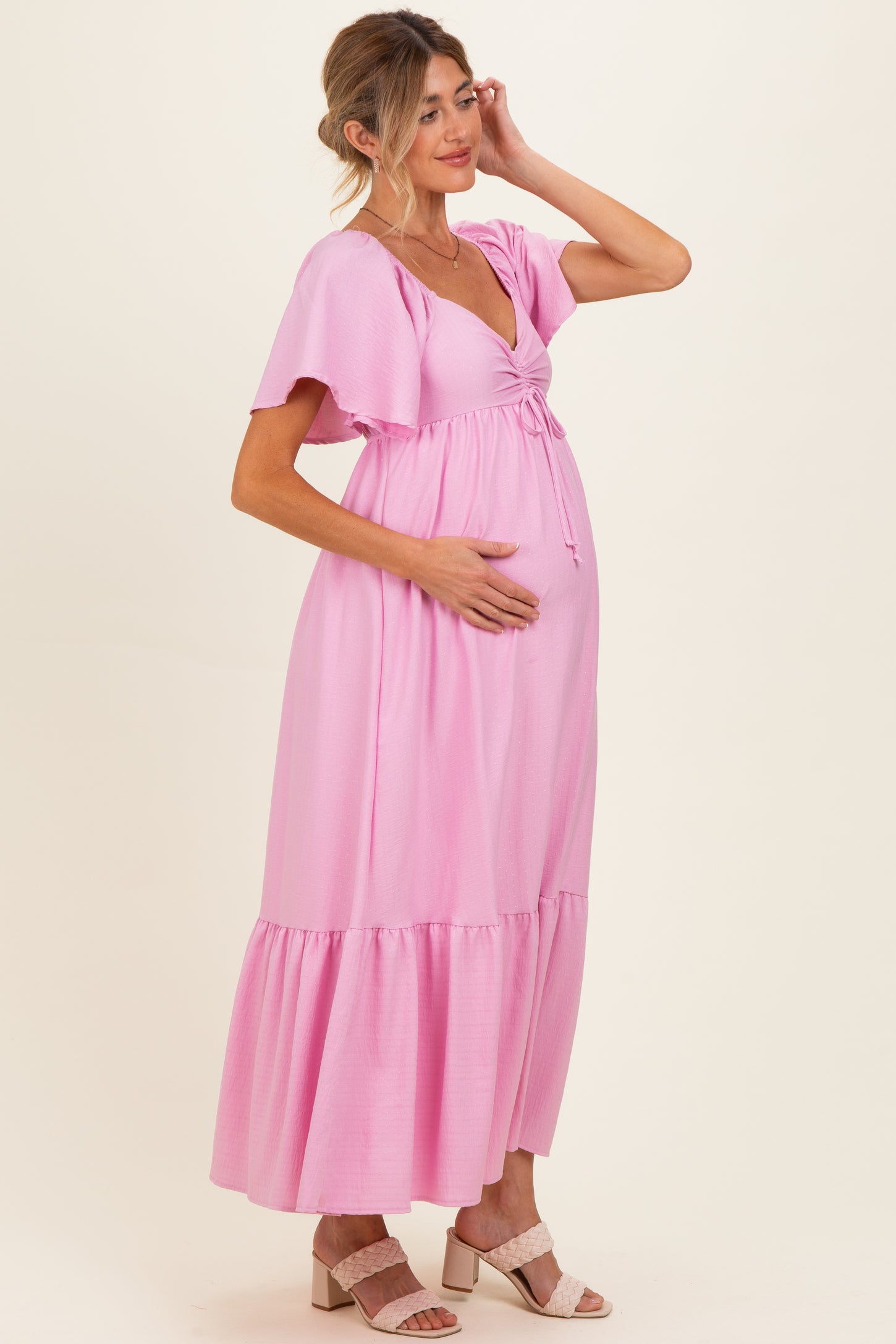 Pink Flutter Sleeve Ruffle Hem Maternity Maxi Dress