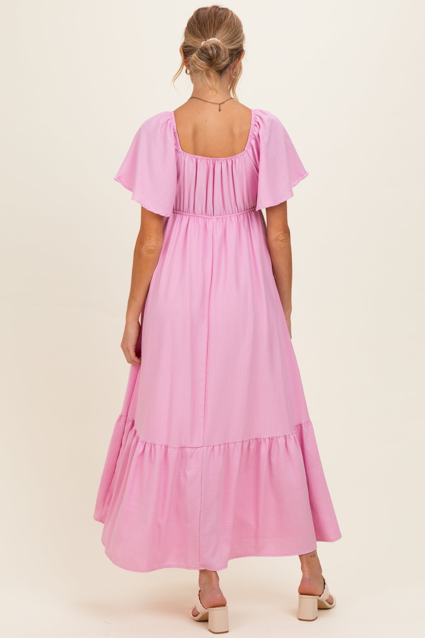 Pink Flutter Sleeve Ruffle Hem Maternity Maxi Dress