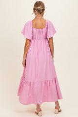 Pink Flutter Sleeve Ruffle Hem Maternity Maxi Dress