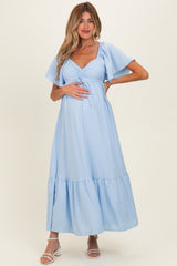 Light Blue Flutter Sleeve Ruffle Hem Maternity Maxi Dress