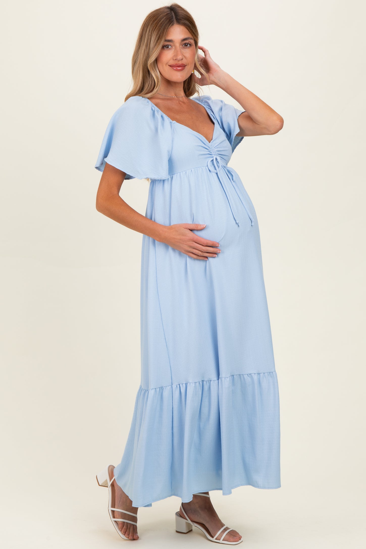 Light Blue Flutter Sleeve Ruffle Hem Maternity Maxi Dress