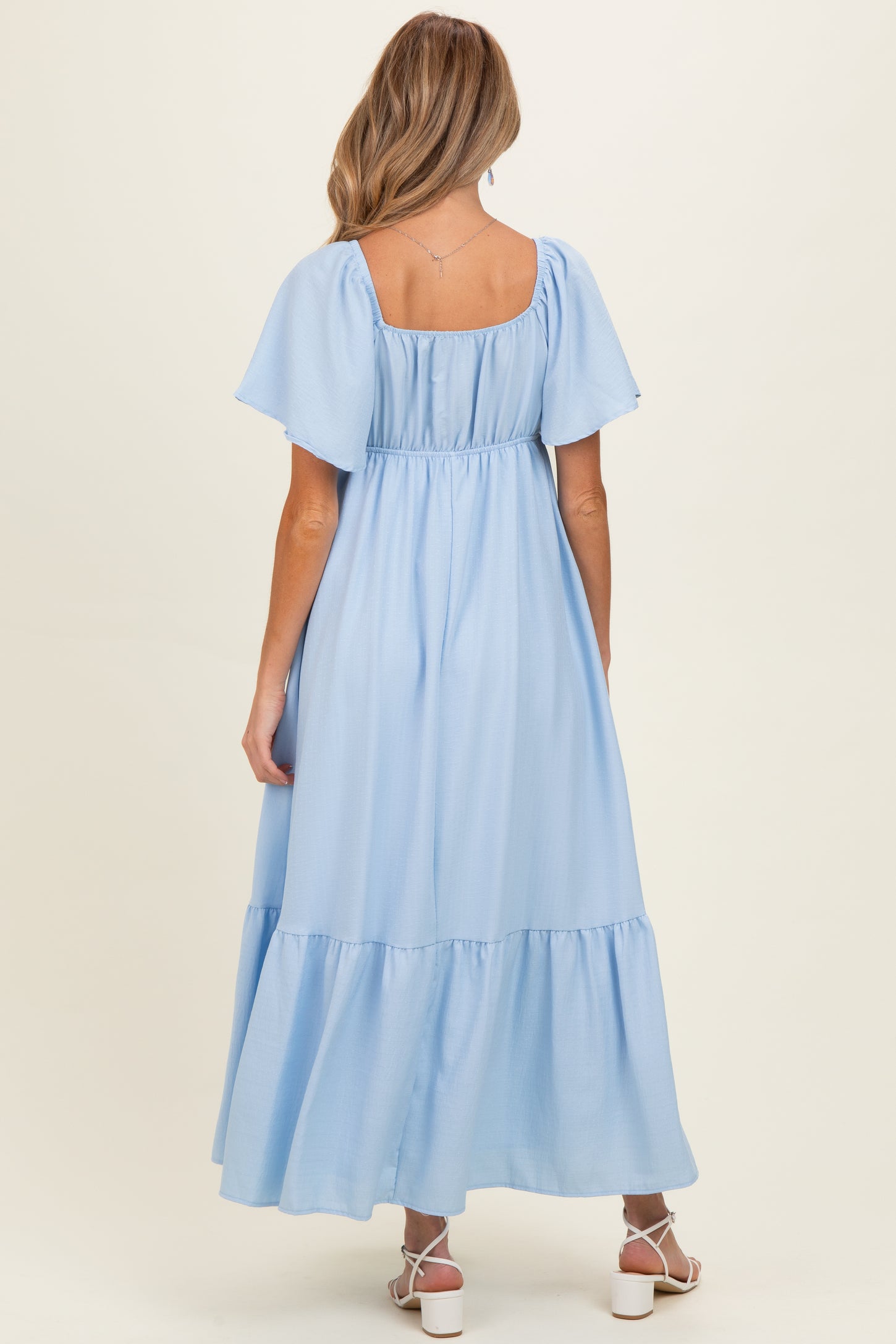 Light Blue Flutter Sleeve Ruffle Hem Maternity Maxi Dress