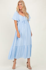 Light Blue Flutter Sleeve Ruffle Hem Maternity Maxi Dress