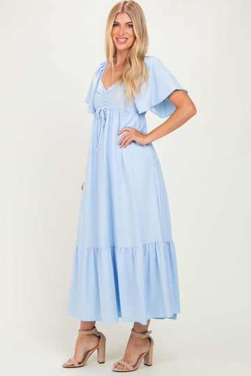 Light Blue Flutter Sleeve Ruffle Hem Maxi Dress