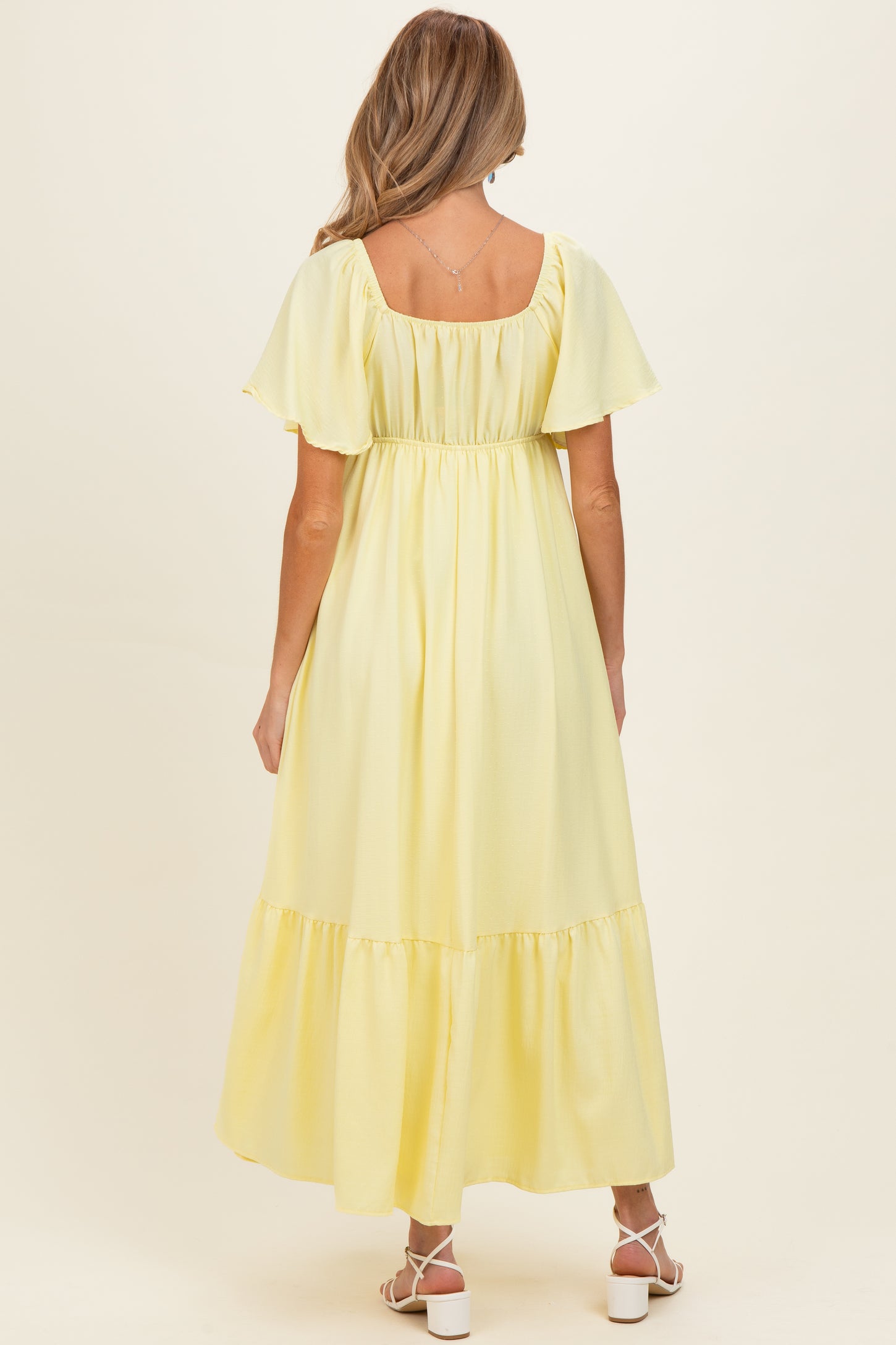 Yellow Flutter Sleeve Ruffle Hem Maternity Maxi Dress