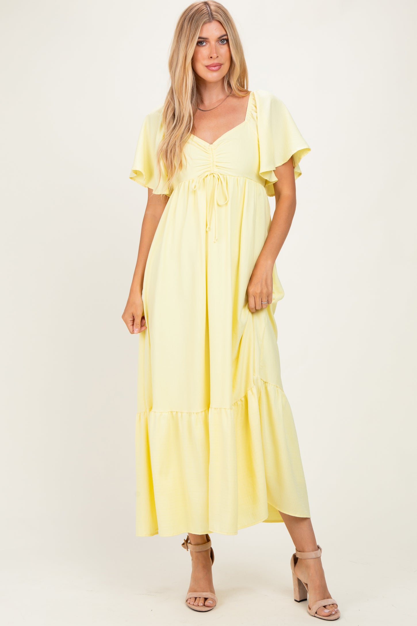 Yellow Flutter Sleeve Ruffle Hem Maternity Maxi Dress