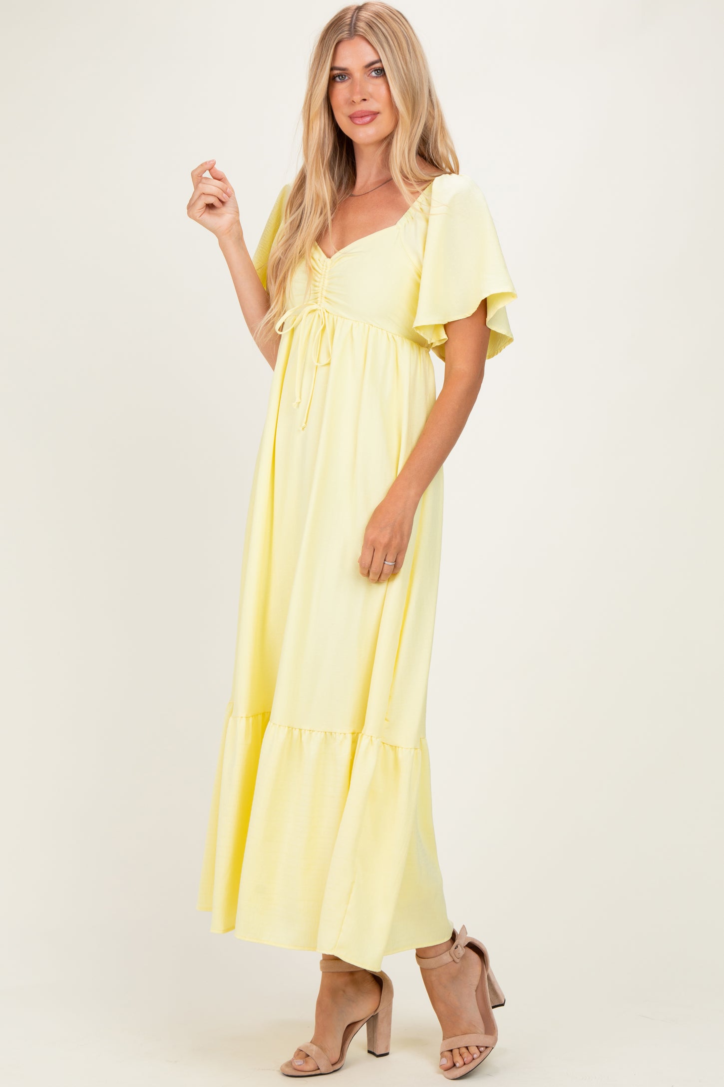 Yellow Flutter Sleeve Ruffle Hem Maxi Dress