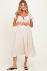 Beige Smocked Waist Short Sleeve Maternity Midi Dress