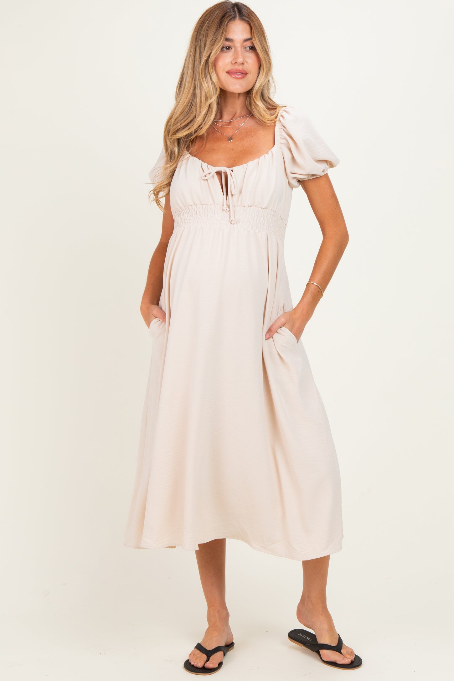 Beige Smocked Waist Short Sleeve Maternity Midi Dress
