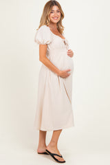 Beige Smocked Waist Short Sleeve Maternity Midi Dress