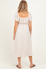 Beige Smocked Waist Short Sleeve Maternity Midi Dress